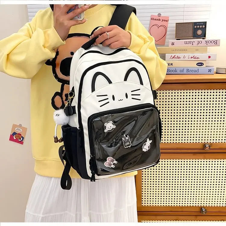 Cat Cartoon Dual-Shoulder Backpack for Girls Primary And Middle School Students Nylon Material Bookbag Easy to Carry