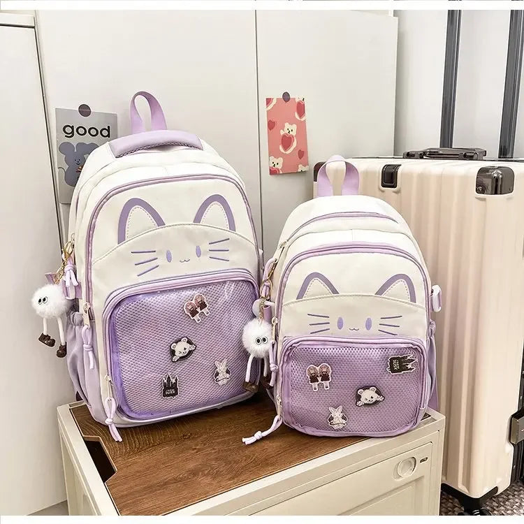 Cat Cartoon Dual-Shoulder Backpack for Girls Primary And Middle School Students Nylon Material Bookbag Easy to Carry