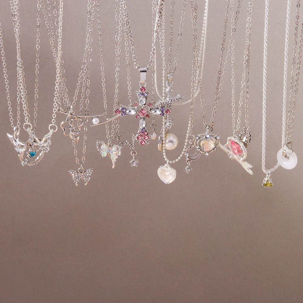 Y2K Crystal Butterfly Heart Necklace Fashion Kpop Shiny Clavicle Chain Necklaces for Women Girls New Trend Party Gifts Jewelry