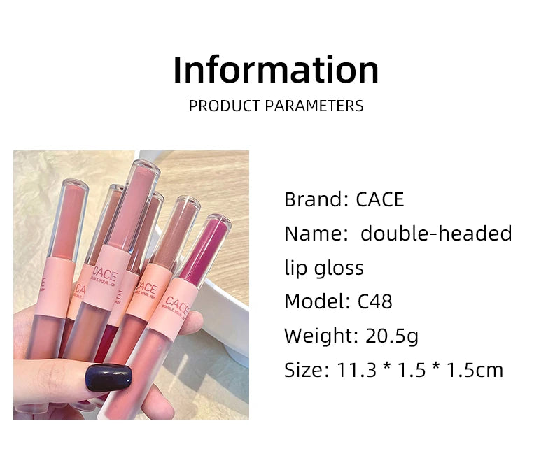 CACE Double Head Lip Gloss Sexy Red Lip Makeup Lip Mud Mirror Water Gloss Lip Glaze Matte Lipstick Waterproof Korean Cosmetics