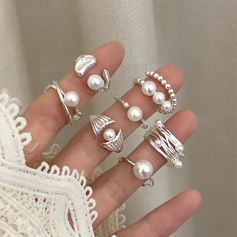 PANJBJ 925 Sterling Silver Pearl Irregular Ring for Women Shell Overlapping Hollow Sweet Design Jewelry Gift Dropshipping