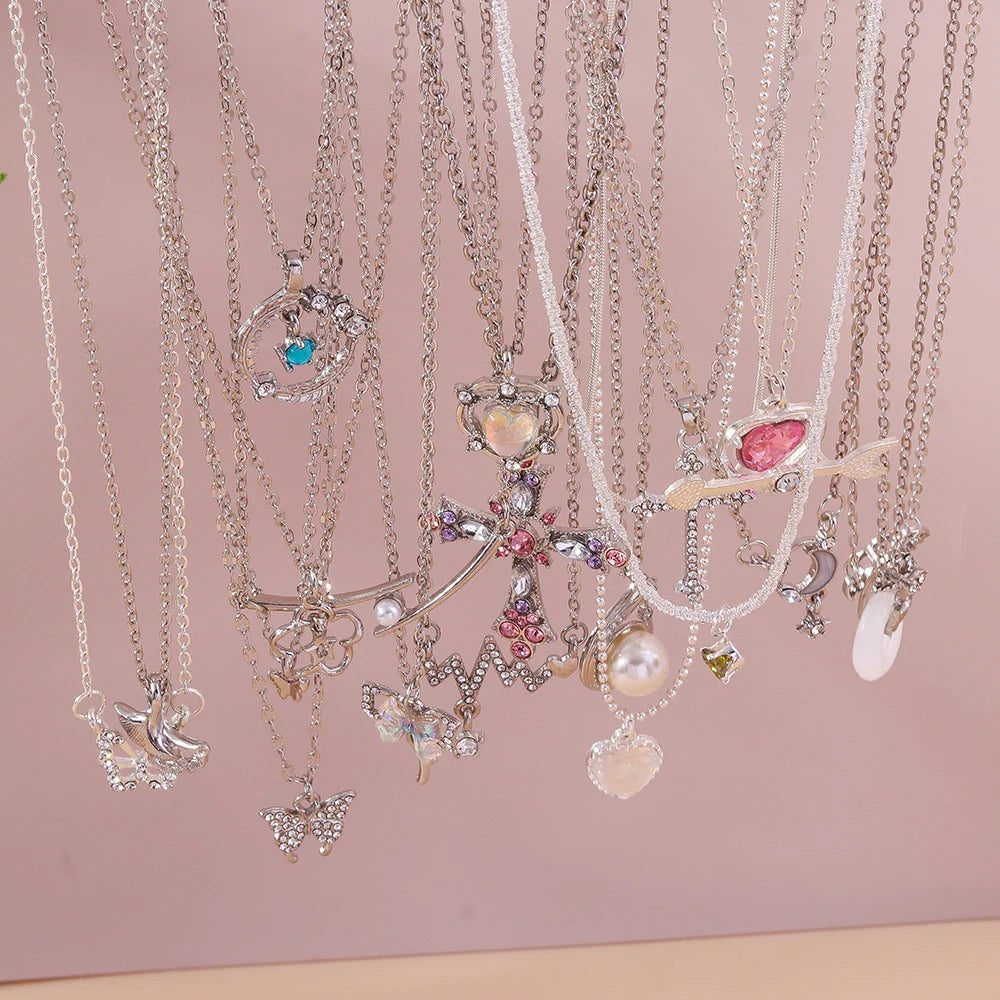 Y2K Crystal Butterfly Heart Necklace Fashion Kpop Shiny Clavicle Chain Necklaces for Women Girls New Trend Party Gifts Jewelry