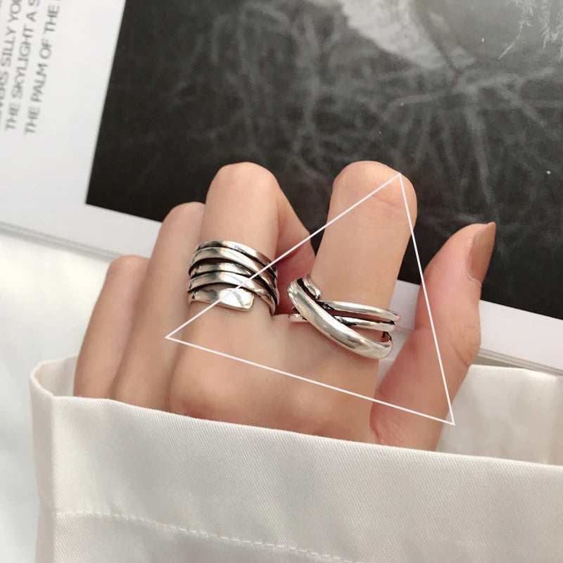 VENTFILLE 925 Sterling Silver Rings INS Fashion Hip Hop Vintage Couples Hollow Lines Punk Thai Silver Party Adjustable Jewelry
