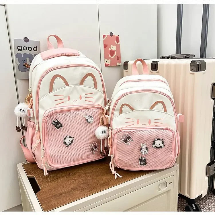 Cat Cartoon Dual-Shoulder Backpack for Girls Primary And Middle School Students Nylon Material Bookbag Easy to Carry