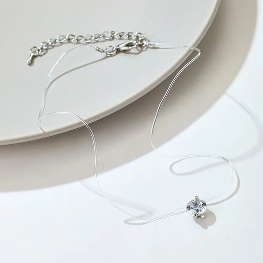 Simple Round Single Rhinestones Pendant Necklaces for Women Trendy Transparent Fishing Line Short Chokers Party Neck Jewelry