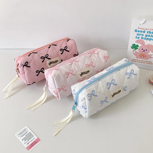 Sweet Girl Pencil Pouch Bow Ribbon Decoration Fabric Pencil Pouch School Stationery Organizer Kawaii Pencil Bag