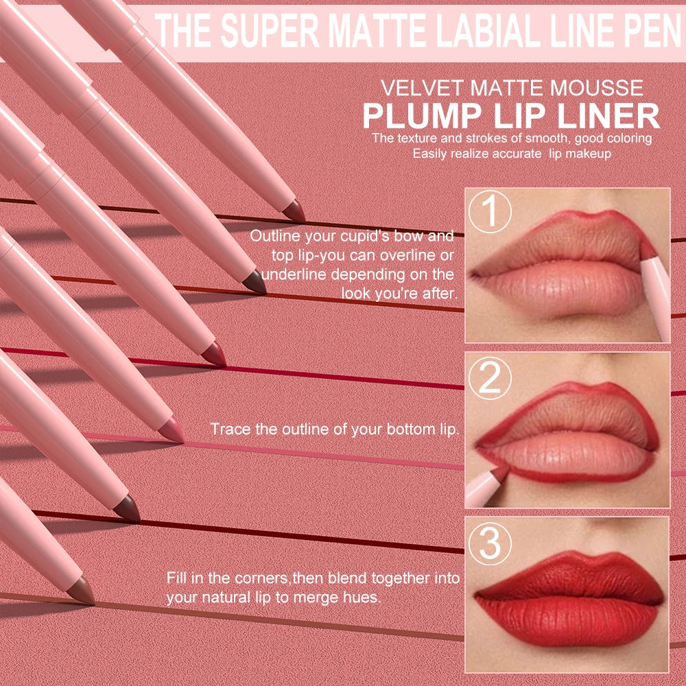 Matte Lip Liner Pencil Set (6 Colors) – Waterproof, Sweatproof & Easy Glide