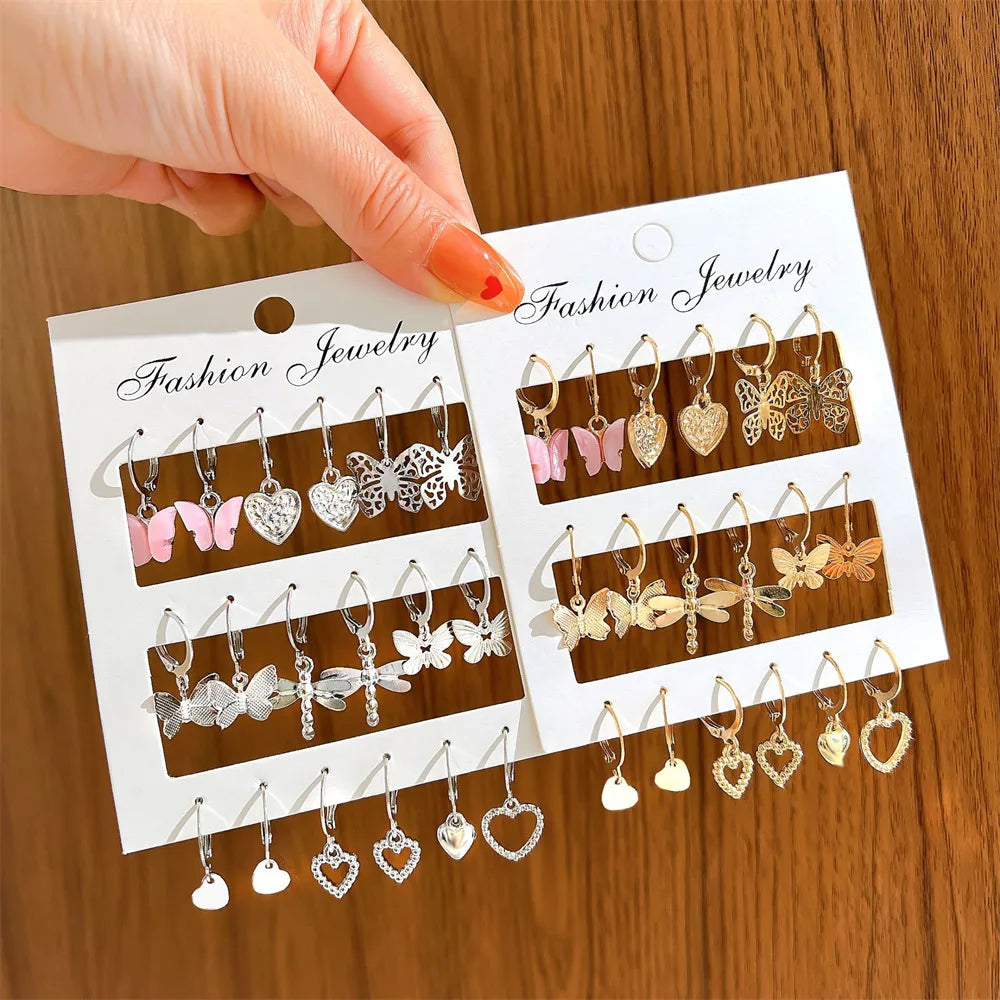 9 Pairs Gold Color Silver Color Metal Hollow Heart Butterfly Drop Earrings Set for Women Acrylic Dangle Earring Jewelry Gift