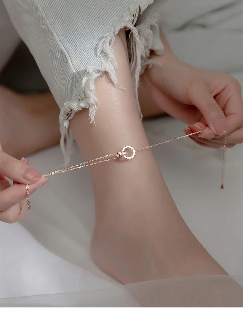 Anklet For Women Girl S925 Sterling Silver Rose Gold Color Steric Zirconia Adjustable Beach Style Foot Ankle Bracelet Jewelry
