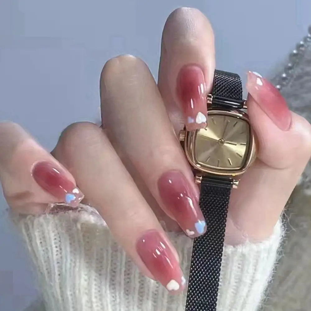 24PCS/Box 2022New Artificial Nails With Glue Milky White Pink Gradients Long Ballet Full Cover Acrylic Nail Stick Fake Nail Tips