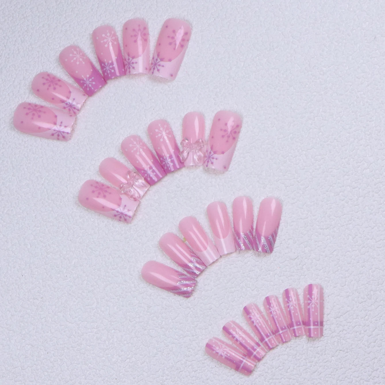 24PCS Square Artificial Nails With Bow, Glitter Checkered Snowflake Design, Pink Winter Holiday Acrylic Artificial Nails