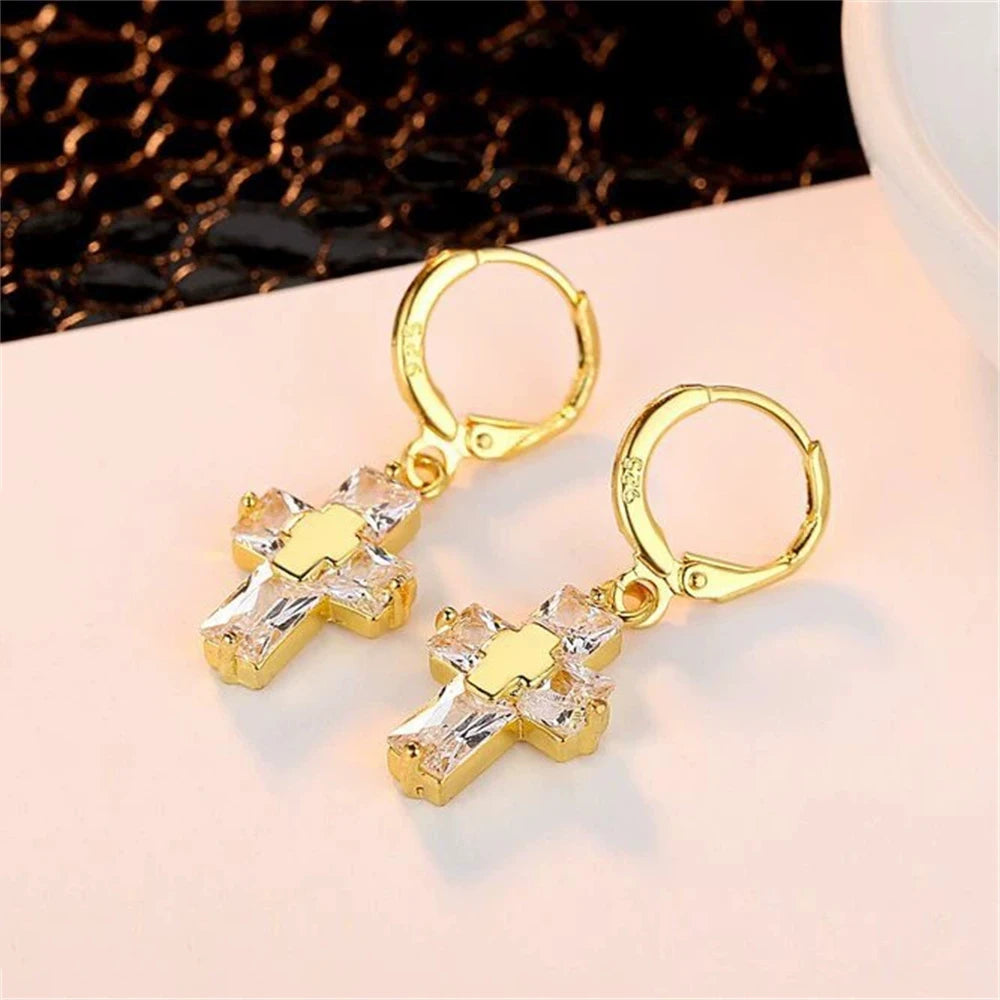 Trendy Korean Cross Earrings – Luxury CZ Dangle Jewelry for Women