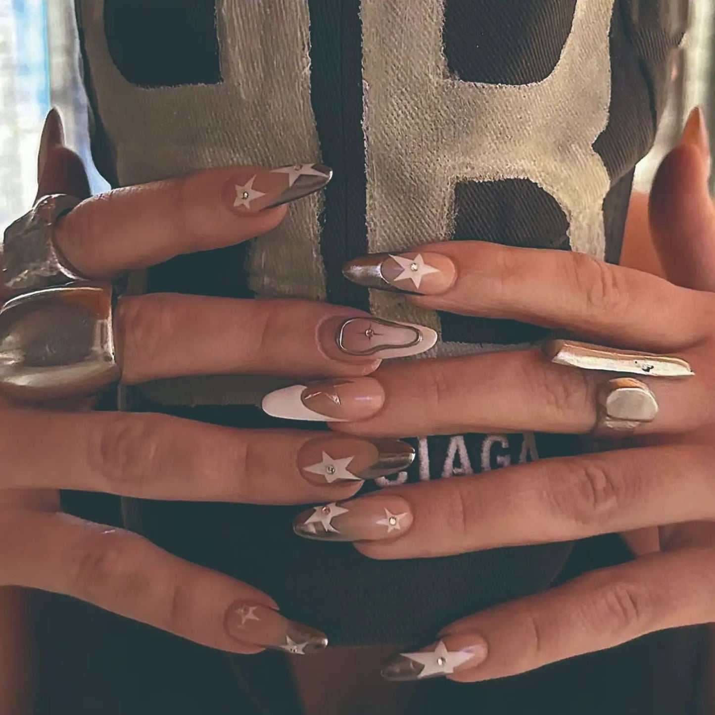 French Fake Nails Red Five-pointed Star False Nails Full Cover Press on Nail Tips y2k Nail Art Almond Artificial Nail Patches