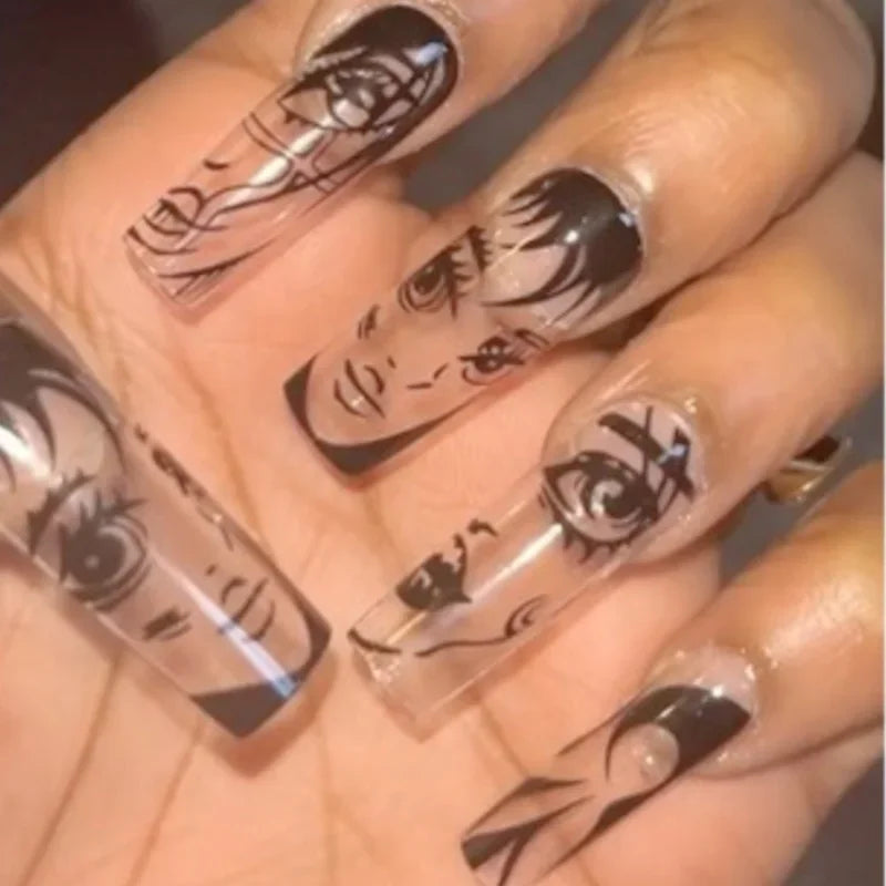 French Tips Press on Nails Long Fake Nails Black White Anime Comics Design Full Cover Punk Acrylic Artificial False Nails 24PCS