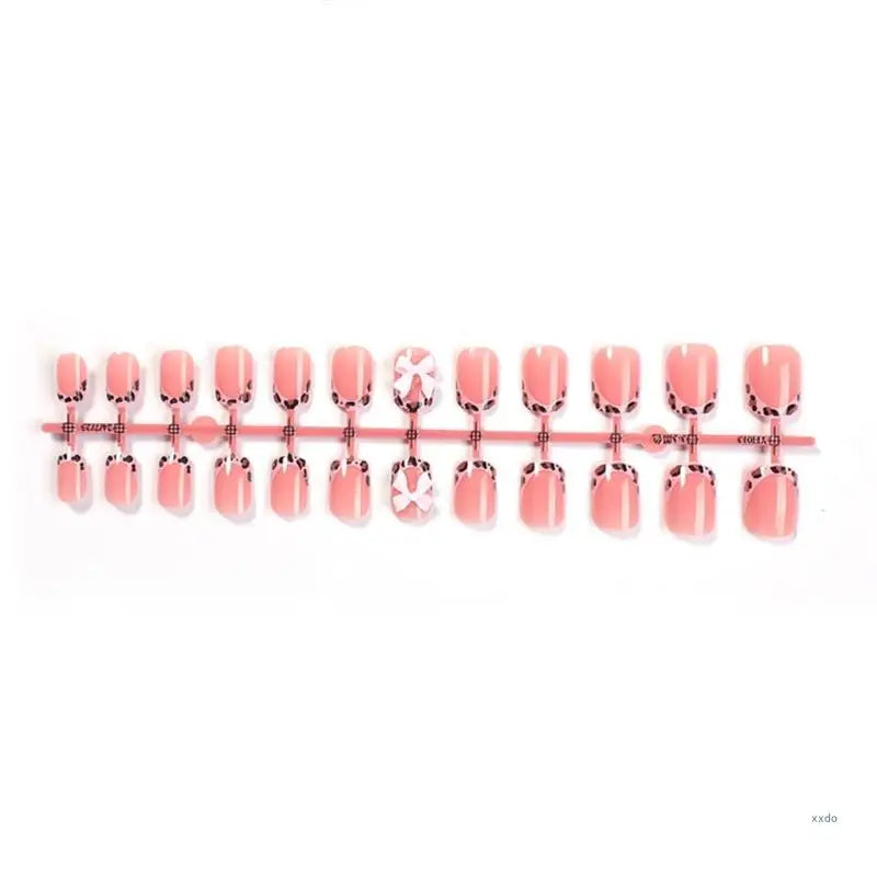 Lovely Bows Artificial False Nails Full Cover Stick on Nails Press On Nails Leopard French Tip False Nails for Party