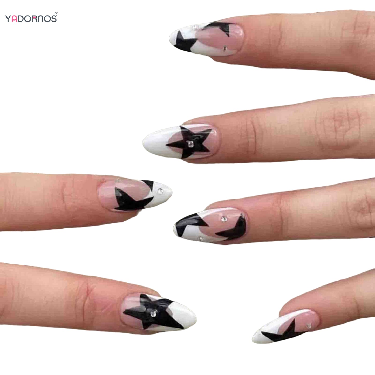French White Tips Almond False Nails Y2K Black Star Designs Charm Fake Nail Full Cover Ballet Press on Nails Artificial Manicure