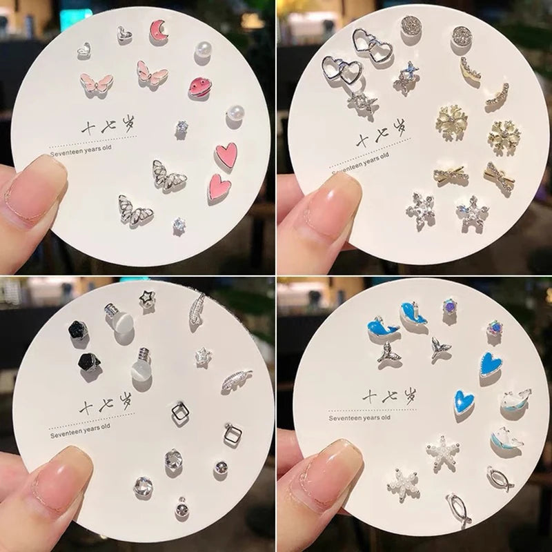 7pair Korean Fashion Small Geometric Female Earrings Set Multiple Pairs of Butterfly Cute Stud Earrings Jewelry