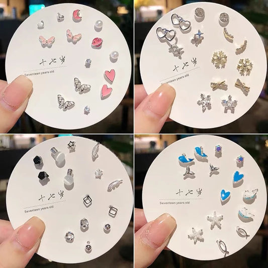 7pair Korean Fashion Small Geometric Female Earrings Set Multiple Pairs of Butterfly Cute Stud Earrings Jewelry