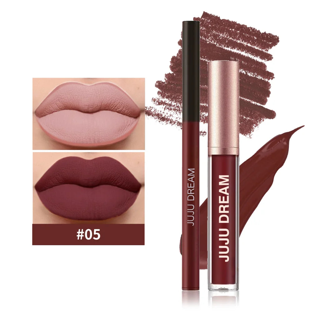 Matte Lip Liner & Lipstick Set, Waterproof Long-Lasting, Soft Matte Finish, Easy Apply, Xmas & Halloween Makeup, Unisex Safe