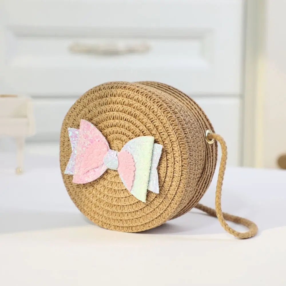 Children Straw Beach Bag Cute Heart Pattern Shoulder Bag Straw Crossbody Bag Handbag Baby Coin Purse Casual Messenger Bag