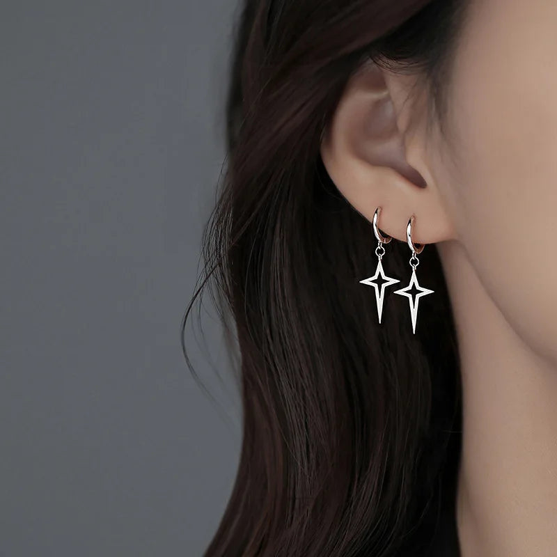 Simple Silver Color Star Earrings for Women Opal Stone Heart Hoop Earrings Punk Y2K Cute Daily Wear Jewelry Party Gifts