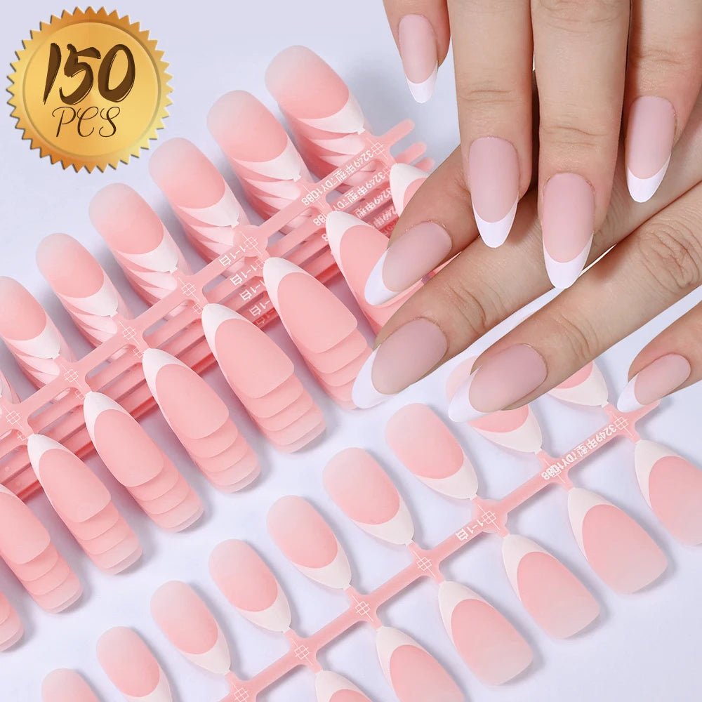 150Pcs Pre-made French False Nails Scarless Coffin Almond Fake Nail Artificial Fingernails Press on Nails for Nail Extension
