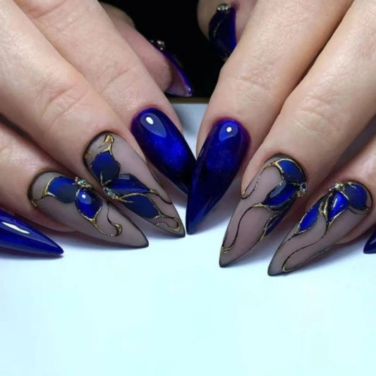 A full set of 24 long almond-shaped fake nails, designed in dark blue and three-dimensional 3D rhinestone aristocratic style, in