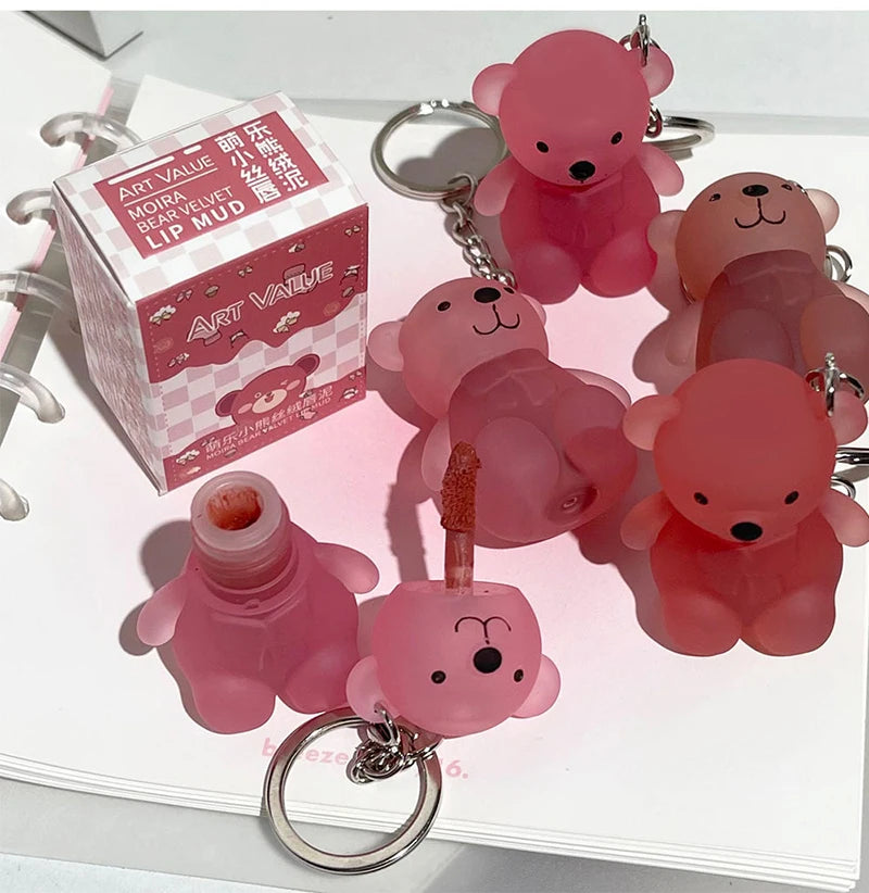 Cute Bear Keychain Velvet Mist Lip Glaze Waterproof Lasting Matte Lipstick Orange Lips Tint Women Dupes Korean Makeup Cosmetic