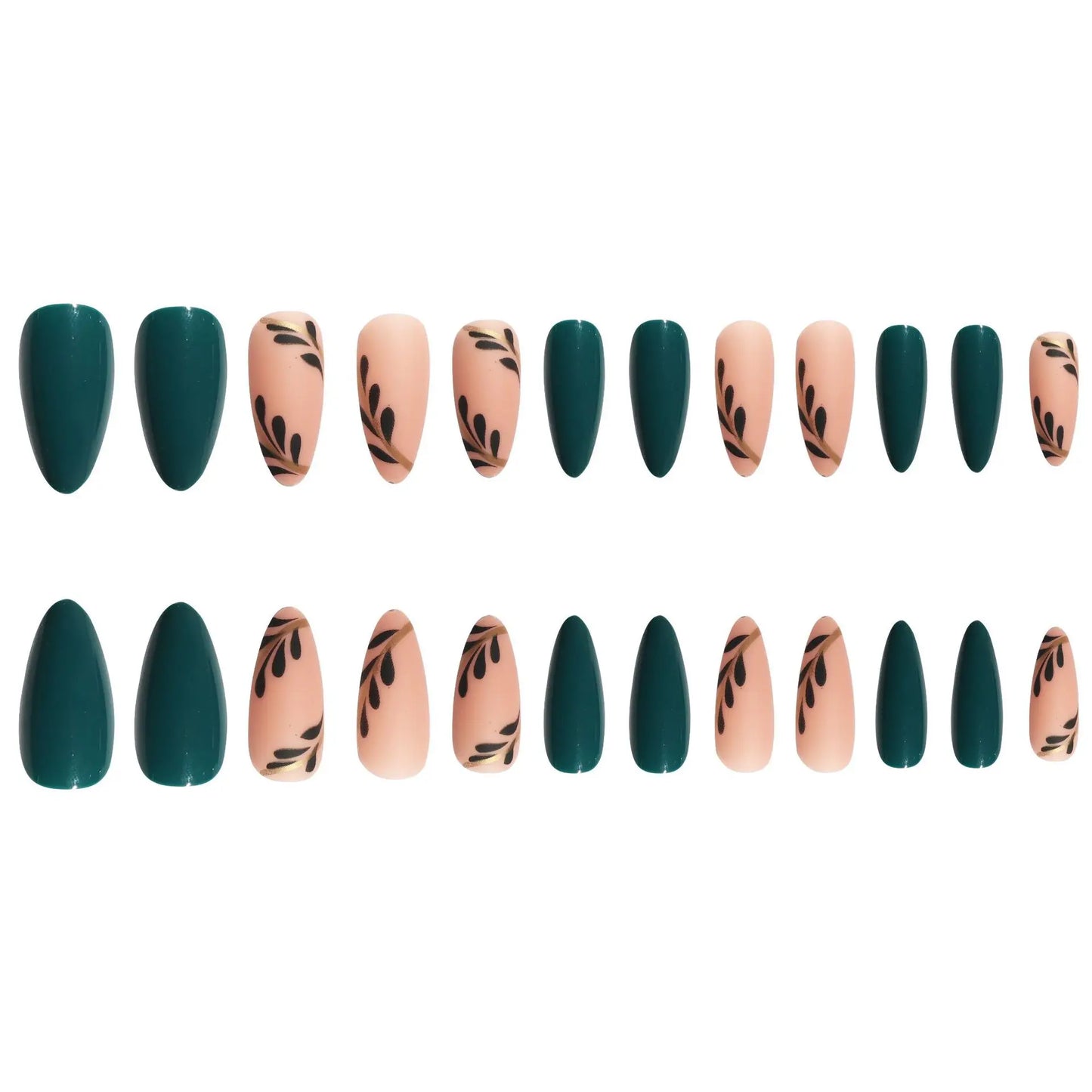 24pcs/box Women Long Almond Shaped False Nails Green Leaves Diy Fake Nail Artificial Acrylic Wearable Full Coverage Fingernail