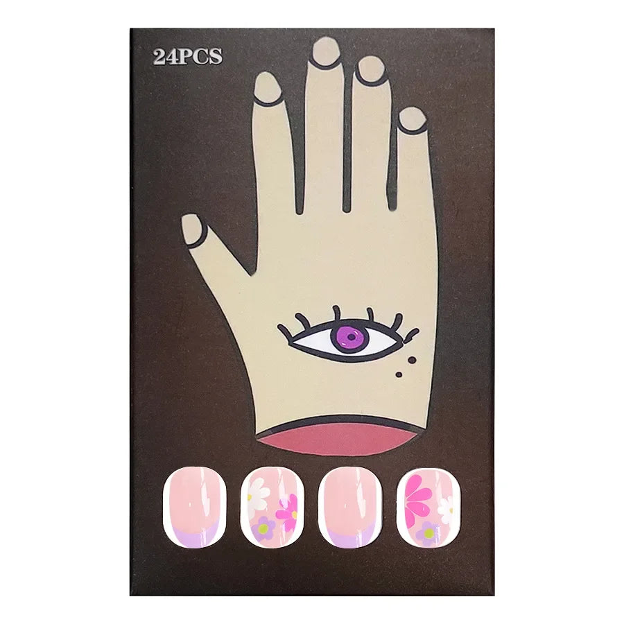 24pcs Pink Almond Short Press-On Nails Acrylic French Nail Sticker Flower Design Glossy Full Cover Artificial Nails Tips