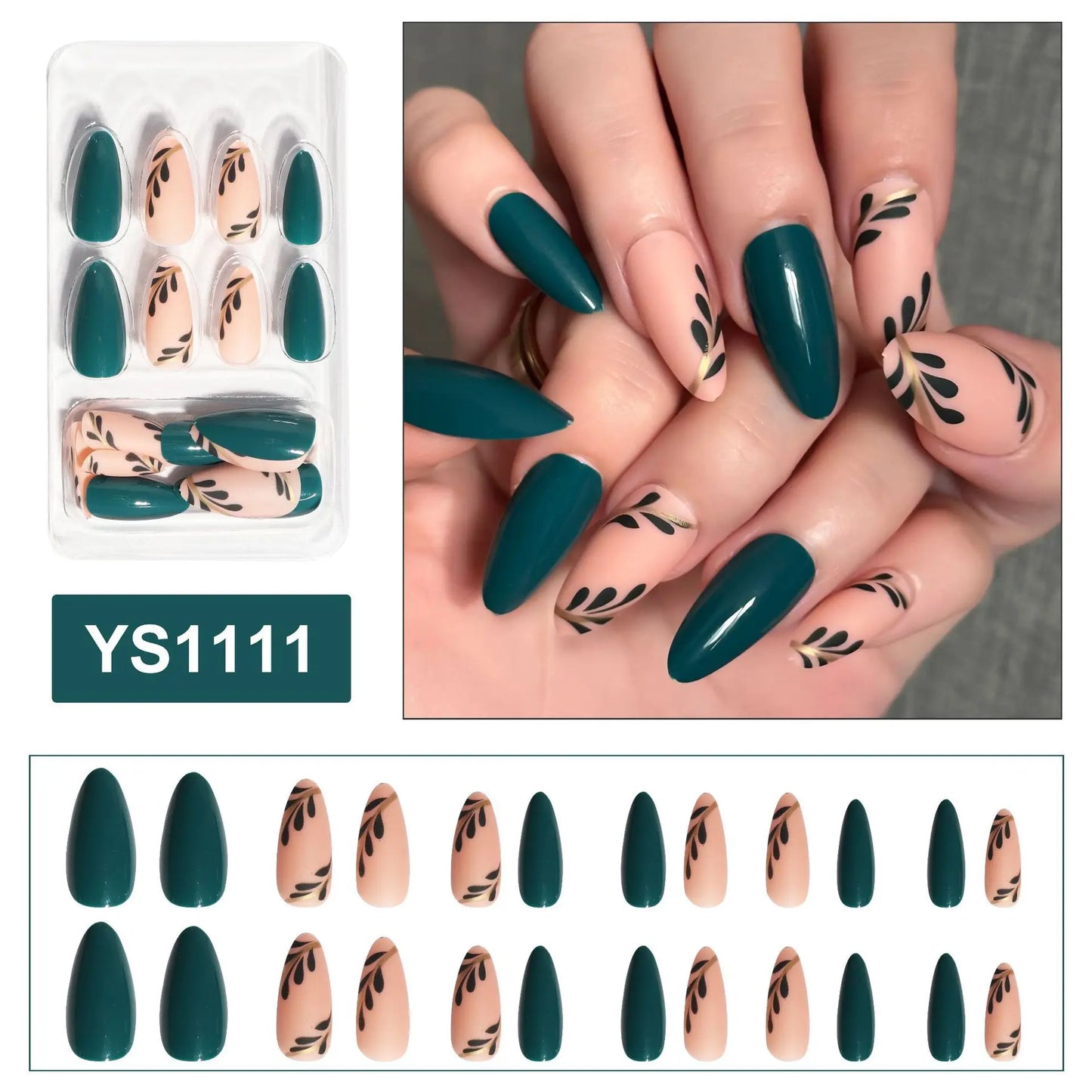 24pcs/box Women Long Almond Shaped False Nails Green Leaves Diy Fake Nail Artificial Acrylic Wearable Full Coverage Fingernail