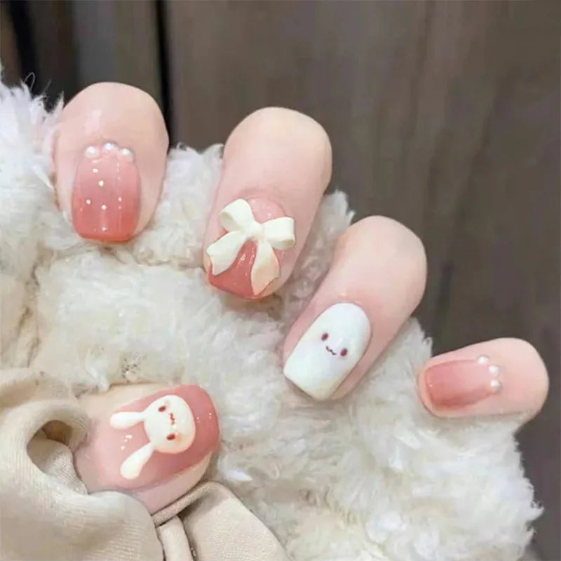 24PCS/Box 2022New Artificial Nails With Glue Milky White Pink Gradients Long Ballet Full Cover Acrylic Nail Stick Fake Nail Tips