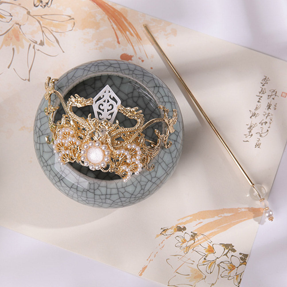 Chinese Hairpins Clips Retro Ponytail Bun Hair Holder Gold Silver Color Metal Pearls Crown Tiara for Women Men Long Hair Jewelry