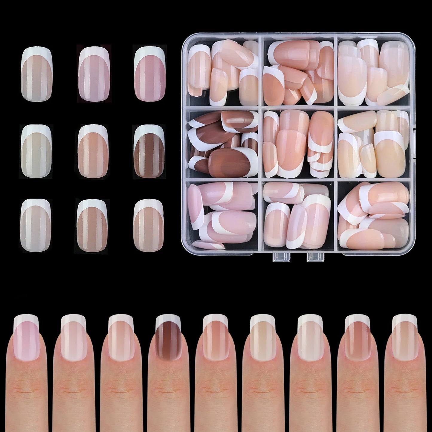 9 Palace lattice Almond Blend French Fake nails Simple Oval nude powder full cover press nails white edge Artificial removable
