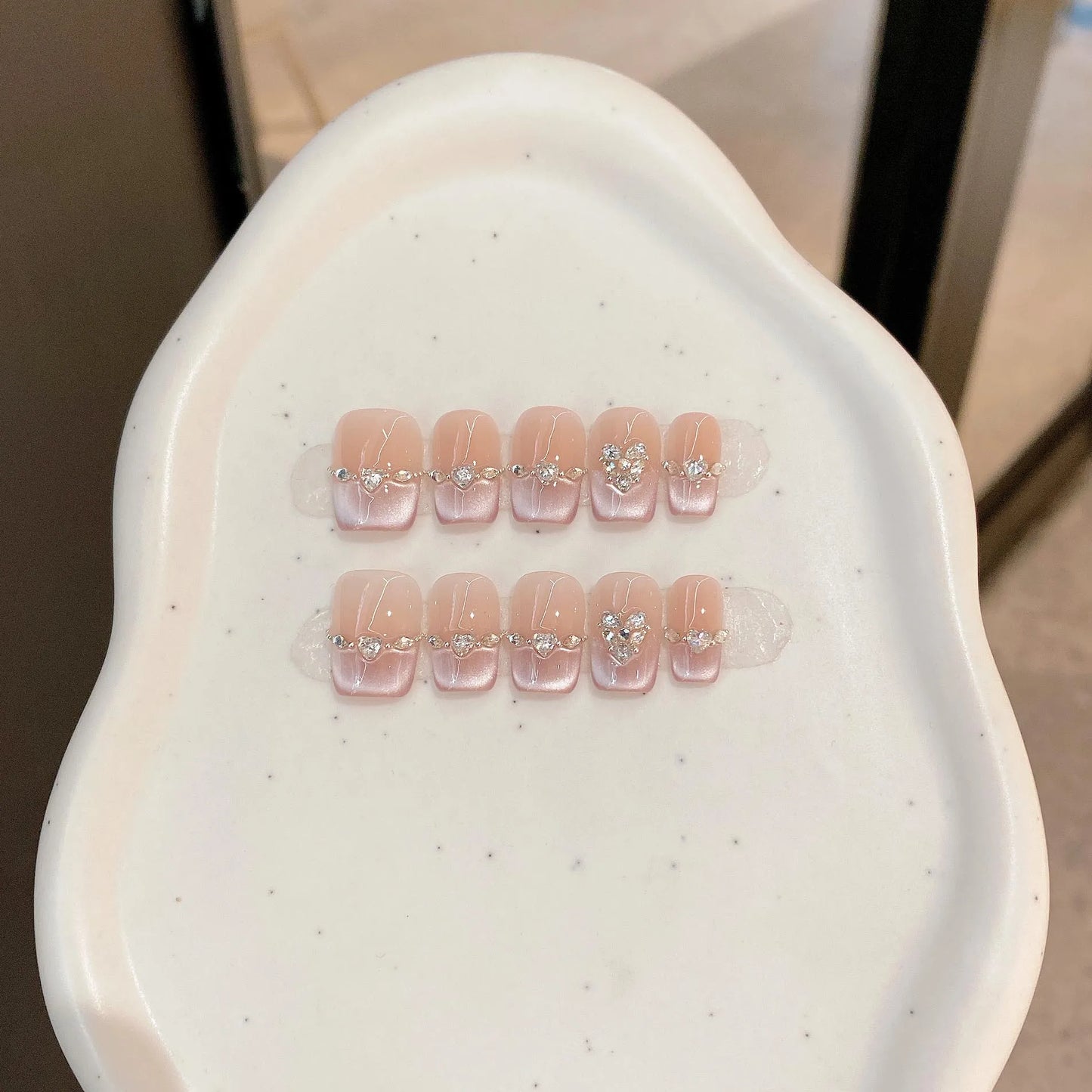 10pcs Cat Eye Handmade Press On Nails with Rhinestone Design False Nails Full Cover French Ballerina Wearable Artificial Nails