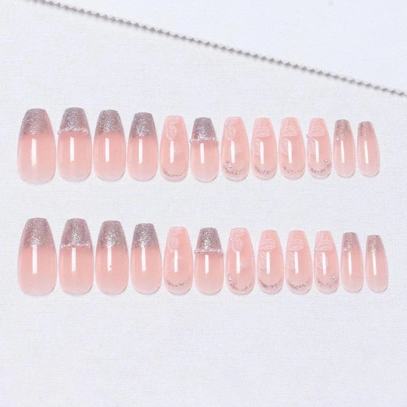 Pink Fake Nails Press on Nail Designs Art Long Tips False Forms with Glue Stick Stickers Reusable Set Acrylic Artificial