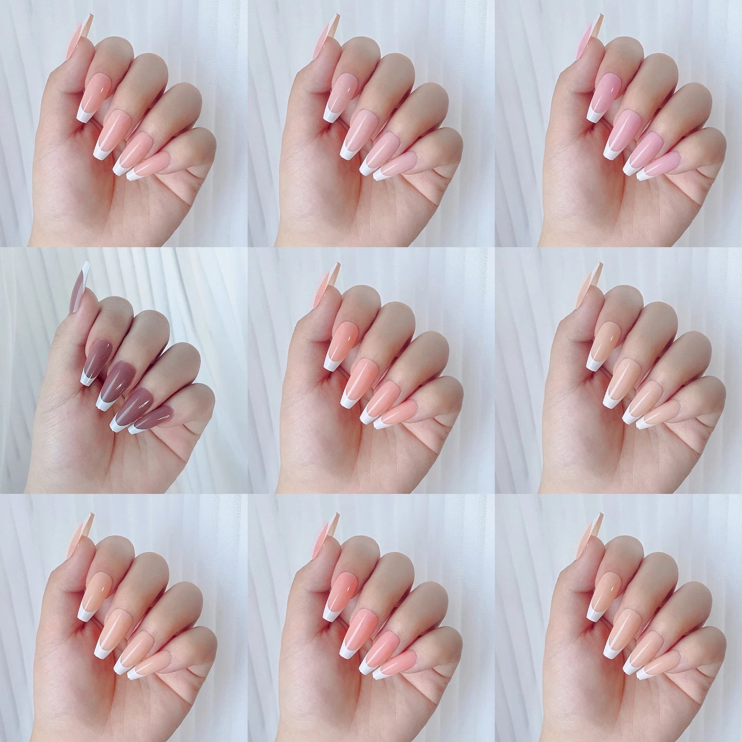 9 Palace lattice Almond Blend French Fake nails Simple Oval nude powder full cover press nails white edge Artificial removable