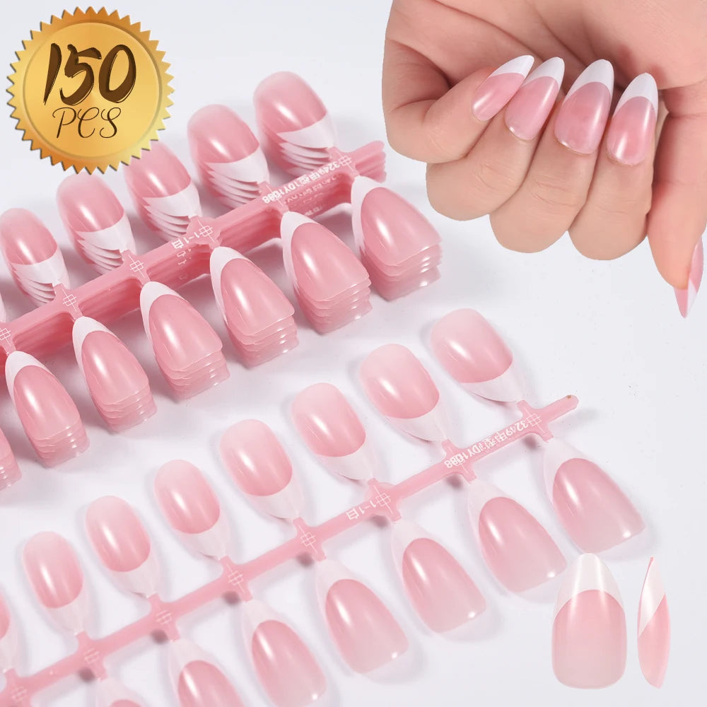 150Pcs Pre-made French False Nails Scarless Coffin Almond Fake Nail Artificial Fingernails Press on Nails for Nail Extension