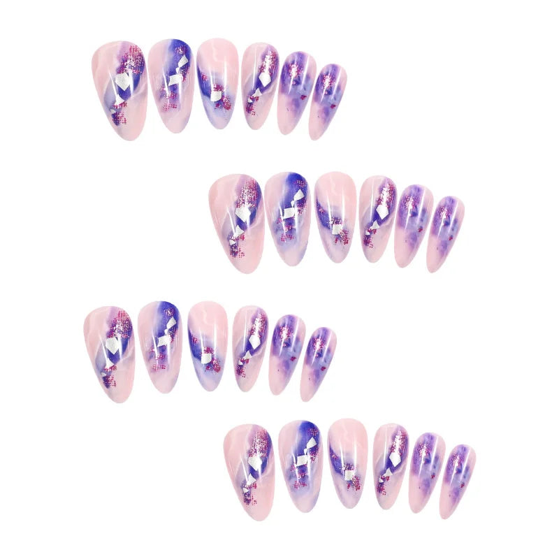 24Pcs Almond French Fake Nails with Purple Gradient Blending Press on False Nails Full Cover Artificial Wearable Manicure Tools