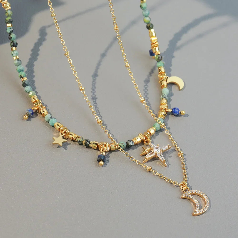 Bohemian Versatile African Turquoise Handmade Beaded Necklace Moon Pendant High-End Layering Clavicle Chain Jewelry Accessory