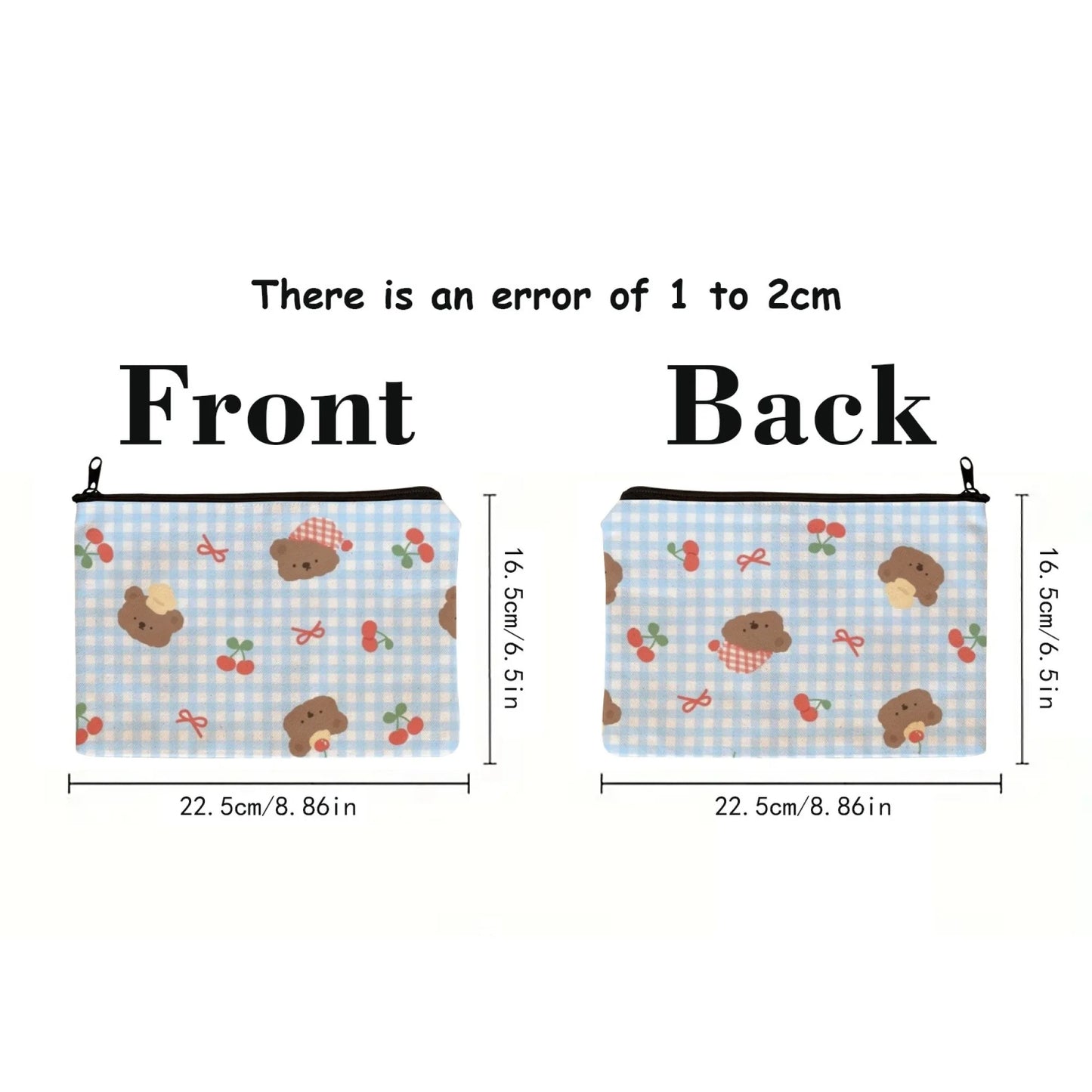 Girly Bear & Cherry Makeup Pouch with Blue Gingham Pattern Print  Cute Organizer for Lip Gloss & Small Beauty Items Ideal Gift