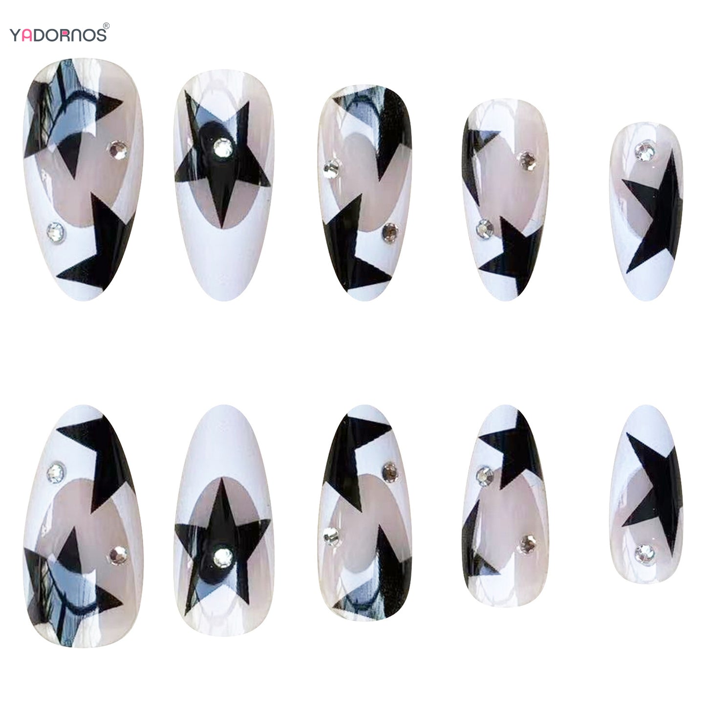 French White Tips Almond False Nails Y2K Black Star Designs Charm Fake Nail Full Cover Ballet Press on Nails Artificial Manicure