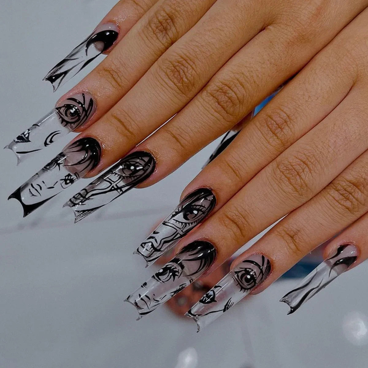 French Tips Press on Nails Long Fake Nails Black White Anime Comics Design Full Cover Punk Acrylic Artificial False Nails 24PCS