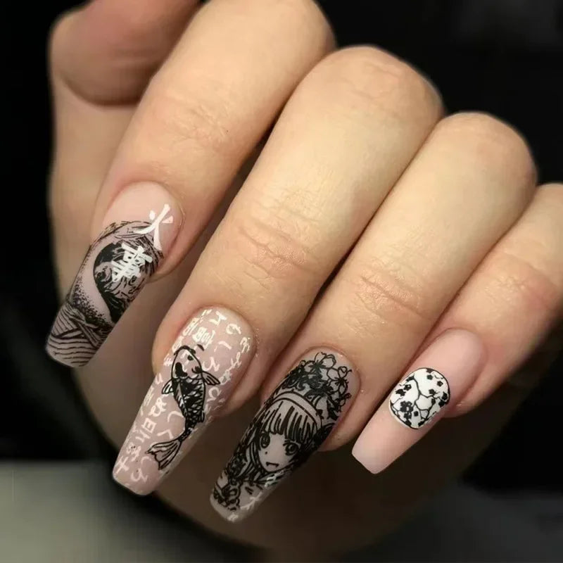 French Tips Press on Nails Long Fake Nails Black White Anime Comics Design Full Cover Punk Acrylic Artificial False Nails 24PCS