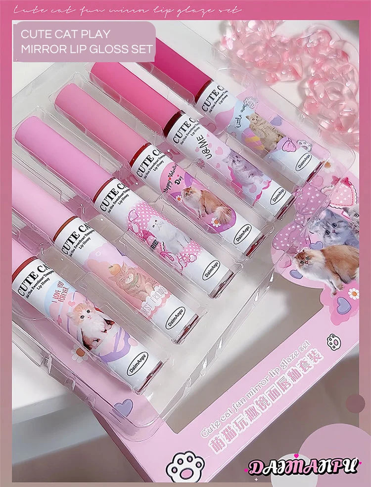 Cute Cat Fun Mirror Lip Glaze Set 6 Colors Highly Pigmented Lip Stain Hydrating Glossy Lip Makeup Perfect Gift