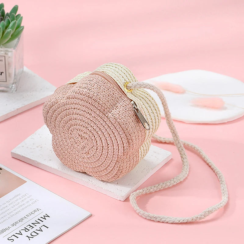 Handmade Kids Girls Shoulder Bag Flower Straw Baby Bags Messenger Bag Children Keys Coin Purse Cute Princess Mini Handbag