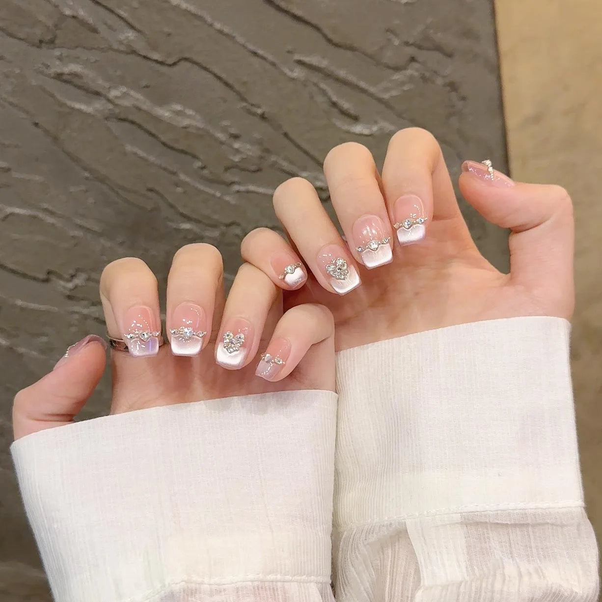 10pcs Cat Eye Handmade Press On Nails with Rhinestone Design False Nails Full Cover French Ballerina Wearable Artificial Nails