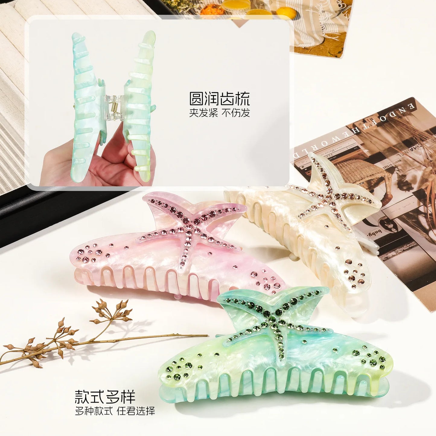 Hawaiian Style Hair Clips Summer Ocean Dopamine Crab Claw Shiny Siamond Starfish Ponytail Clips Sweet Korean Hair Accessories