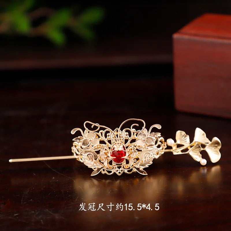 Chinese Hairpins Clips Retro Ponytail Bun Hair Holder Gold Silver Color Metal Pearls Crown Tiara for Women Men Long Hair Jewelry