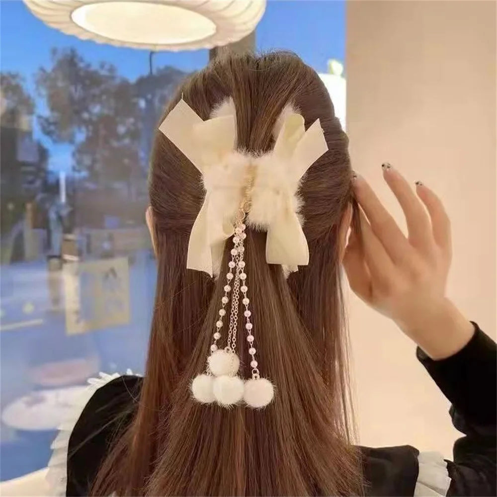Furry Hair Claw Big Bow Hair Clips Banana Jaw Clips Pearl Tassel Hair Clips Strong Hold Hair Claw Clips Fashion Hair Accessories